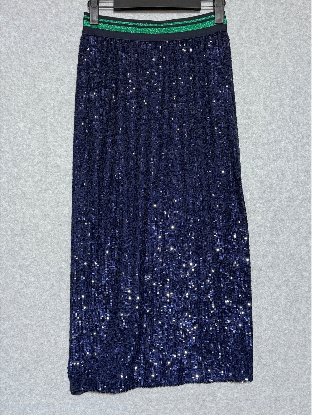 Ted Baker Blue Sequin Skirt Green Waist Band Size 0